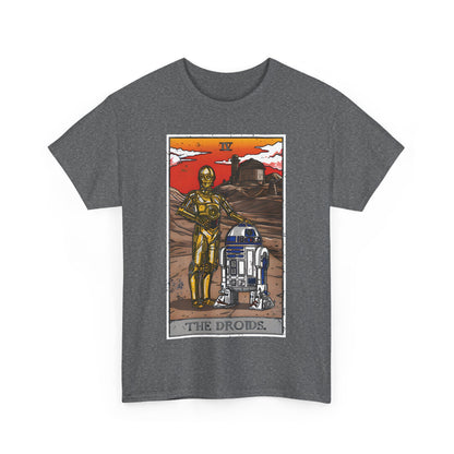 Elegant Droids Tarot Card Graphic T-Shirt featuring C-3PO and R2-D2, set against a contemporary urban backdrop, perfect for fans of geek culture.