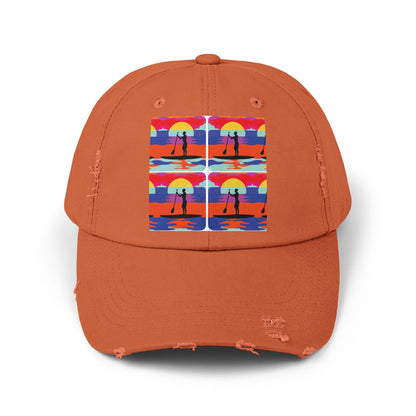 Unisex Distressed Paddleboarders Cap in orange, showcasing a unique paddleboarding graphic, ideal for fashionable adventurers who love water sports.