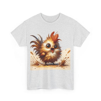 Explosive Joy Tee - Cartoon Bird Edition: A close-up of the tee showcasing the eye-catching cartoon bird design set against a soft grey fabric.