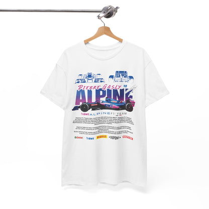 Elegant Alpine F1 Team men's T-shirt featuring bold graphic design, showcasing vibrant colours and iconic racing elements, perfect for motorsport enthusiasts.