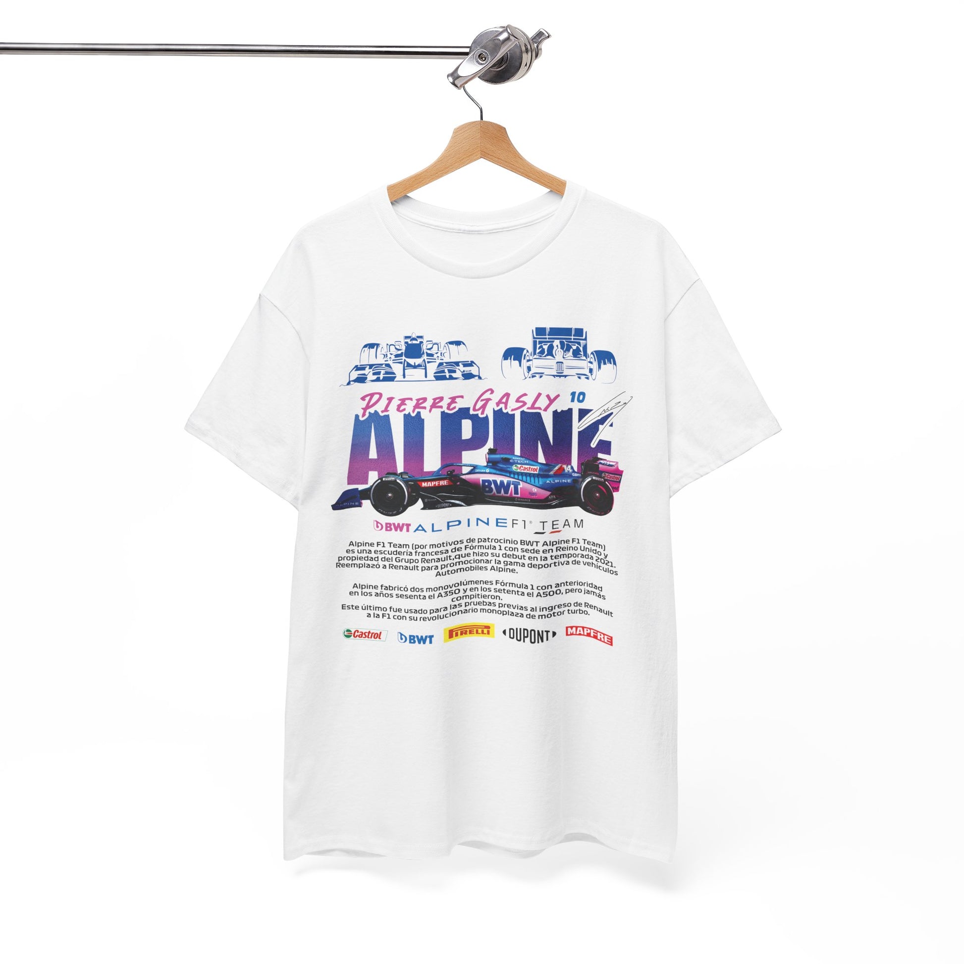 Alpine F1 Team Men’s T-Shirt hanging on a stylish hanger, showcasing a refined design and premium material, perfect for racing enthusiasts.