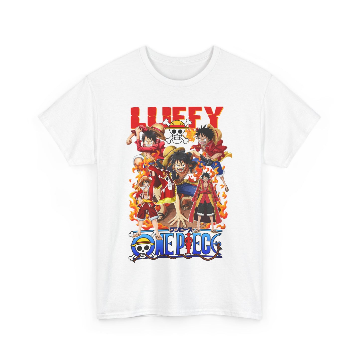 Stylish white t-shirt featuring a vibrant anime design showcasing the dynamic characters from One Piece, ideal for fans and collectors.