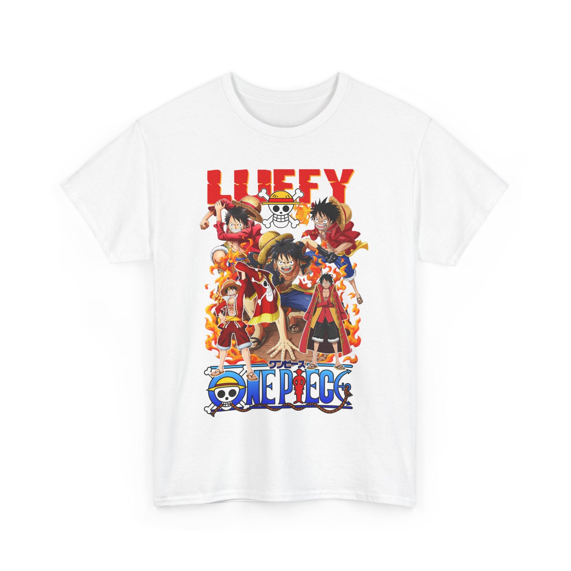 Stylish white t-shirt featuring a vibrant anime design showcasing the dynamic characters from One Piece, ideal for fans and collectors.