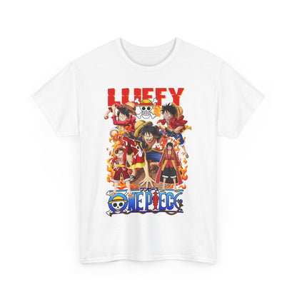 Stylish white t-shirt featuring a vibrant anime design showcasing the dynamic characters from One Piece, ideal for fans and collectors.