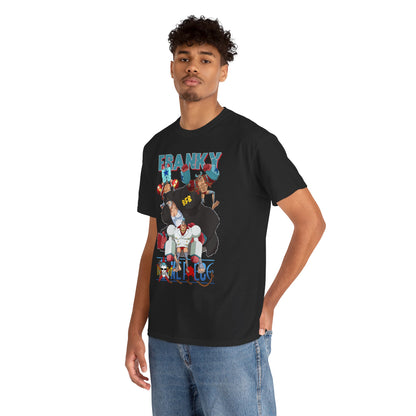 Fashionable male model wearing a black anime-themed t-shirt, highlighting bold graphic art representing adventure and creativity.