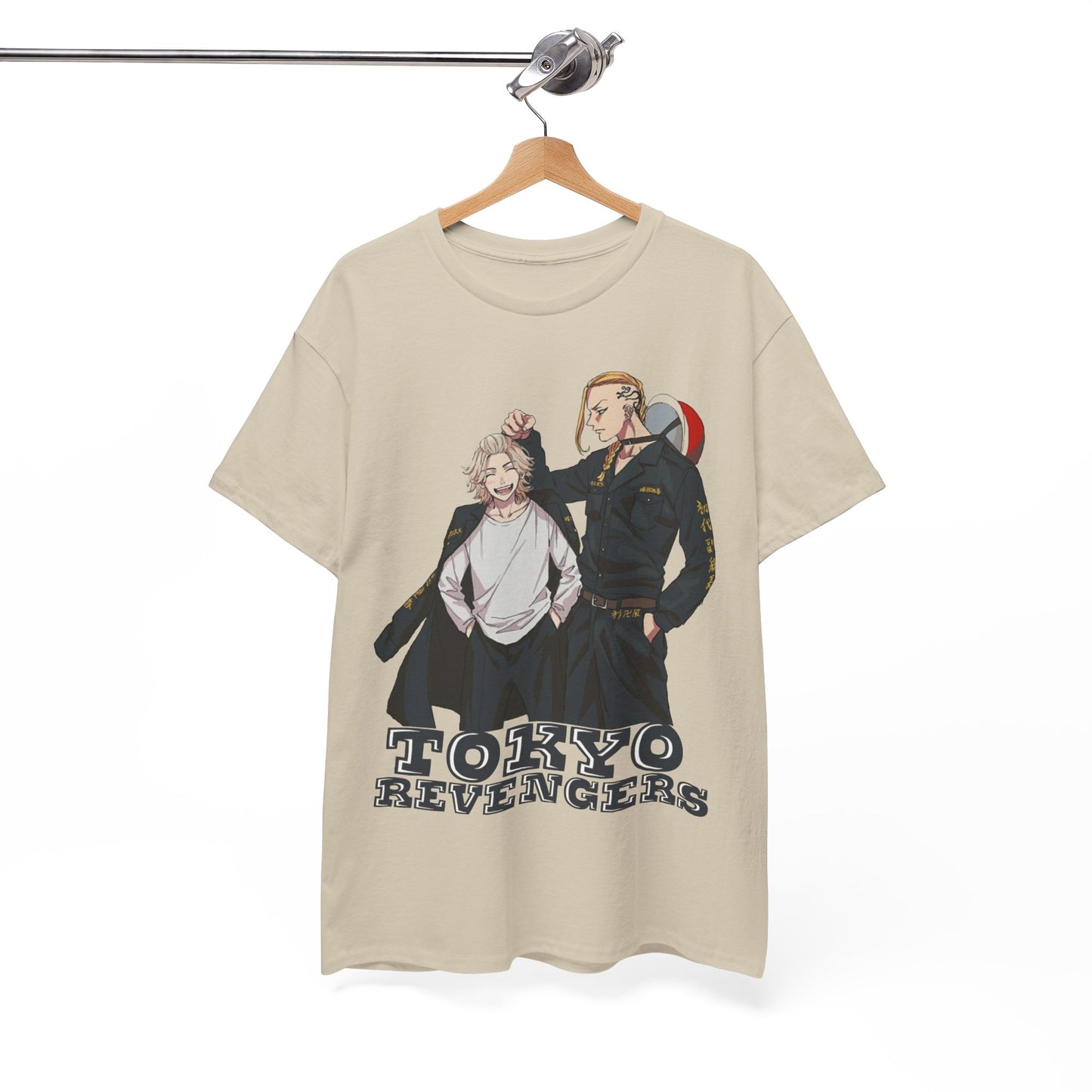 Elegant display of a Tokyo Revengers graphic tee featuring dynamic male characters, ideal for trendy outfits.