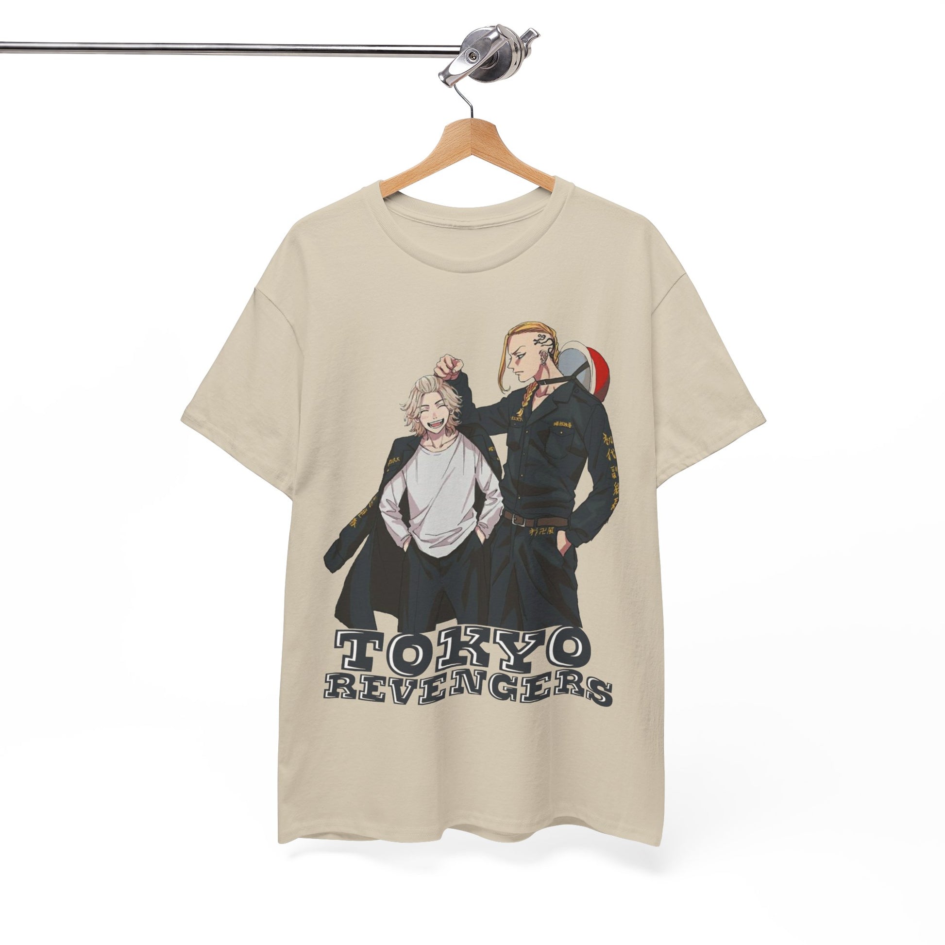 Elegant display of a Tokyo Revengers graphic tee featuring dynamic male characters, ideal for trendy outfits.