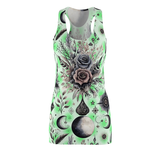 Chic Women's Designer Racerback Dress for Summer Parties and Beach Outings, showcasing the exquisite front view with detailed floral artwork and celestial motifs against a gentle green hue, perfect for stylish summer events.
