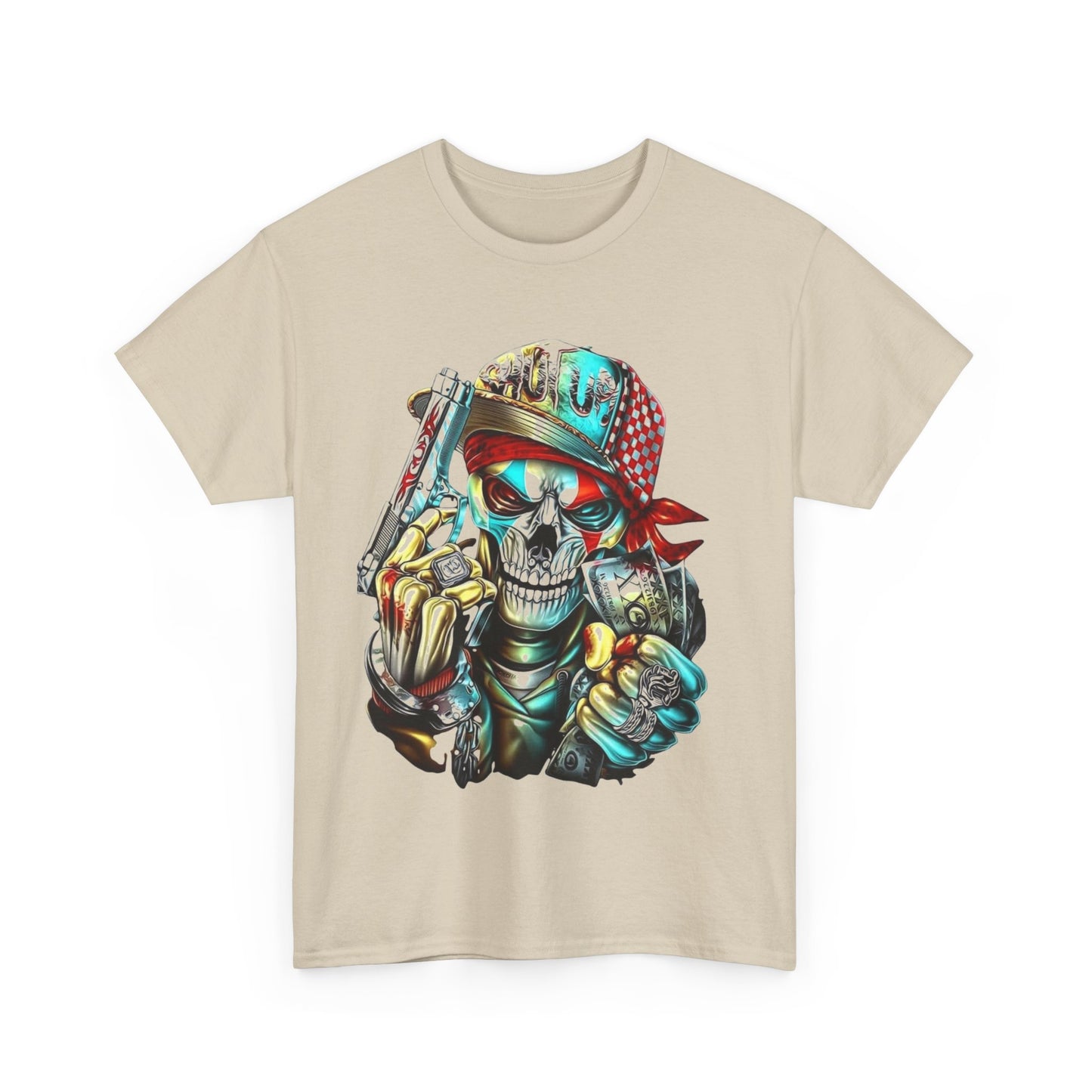 MEN'S FUNNY T-SHIRT WITH STYLIZED SKULL, BANDANA, AND GANGSTA GRAPHIC DESIGN