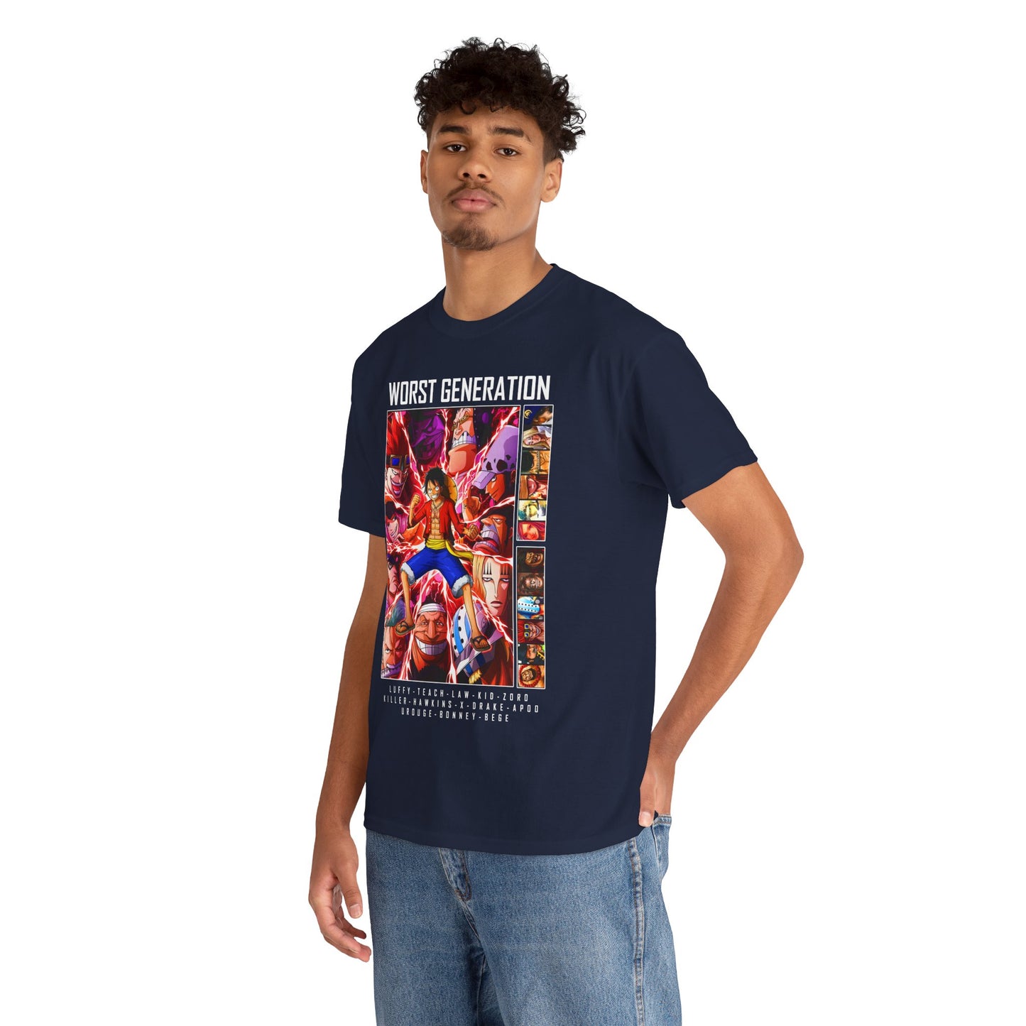 Model wearing a navy blue T-shirt with a vibrant 'WORST GENERATION' graphic design, depicting popular anime characters in an action-packed scene, perfect for streetwear enthusiasts.