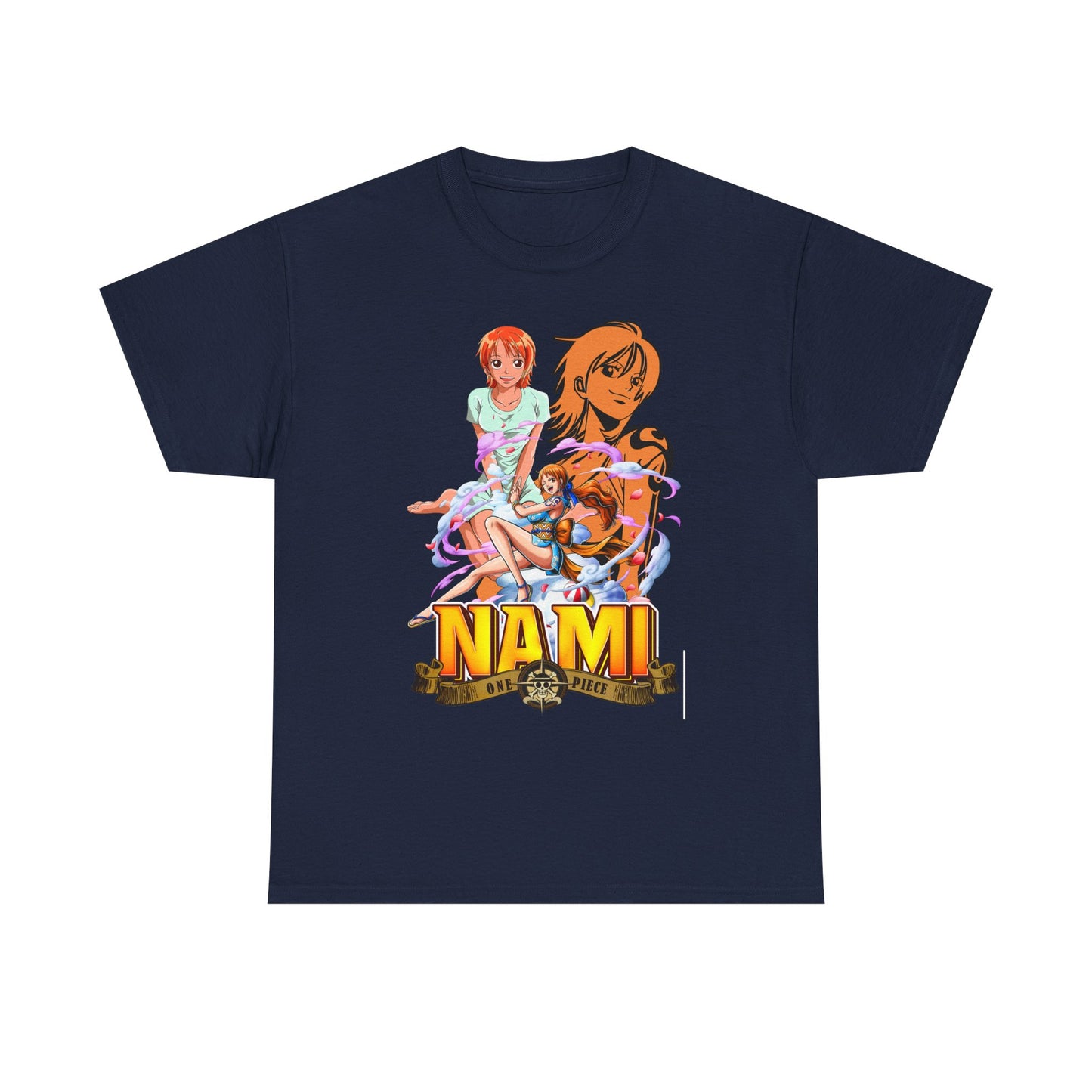 Chic men’s t-shirt adorned with stunning Nami anime artwork from One Piece, elegantly crafted in a deep navy color, ideal for making a bold fashion statement.