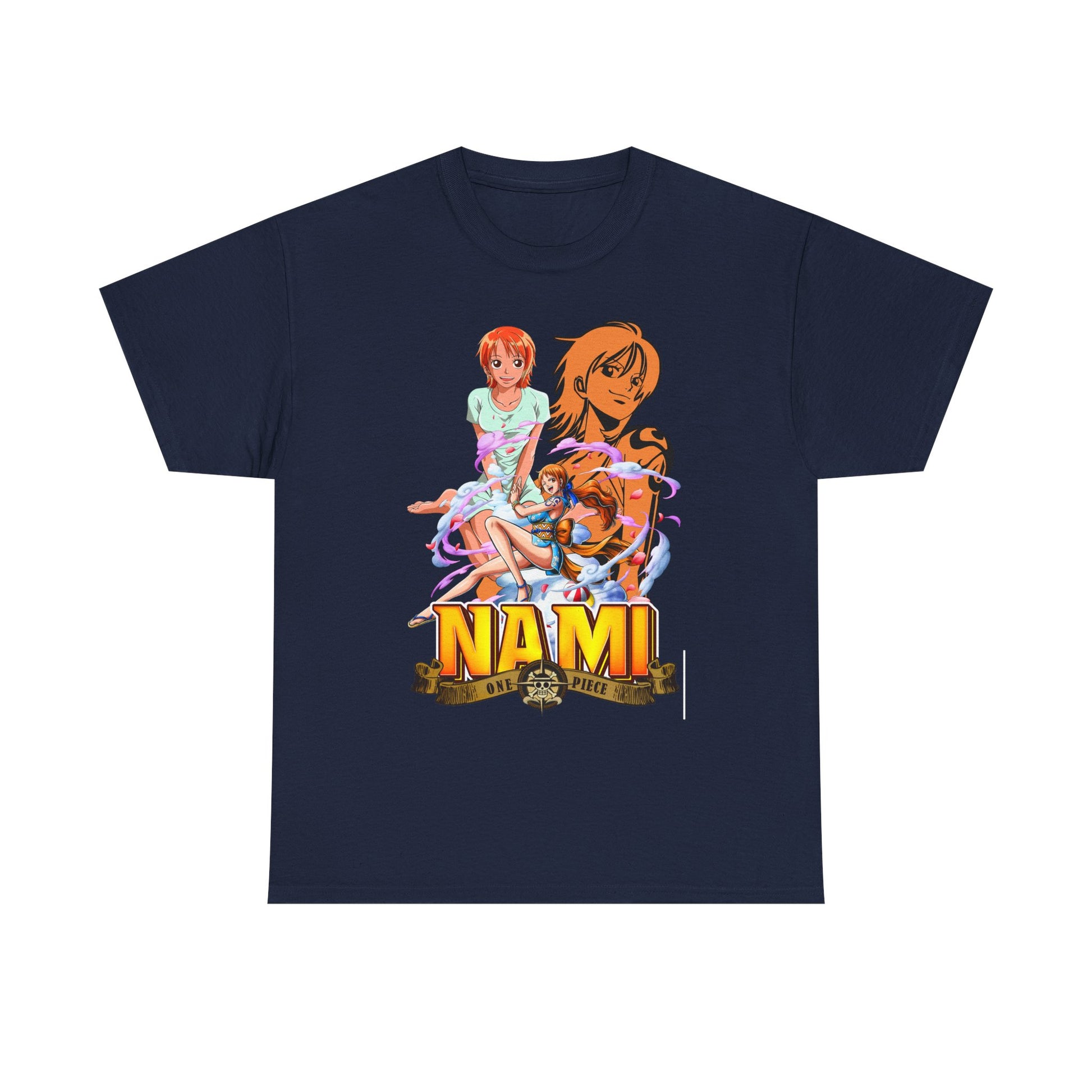 Chic men’s t-shirt adorned with stunning Nami anime artwork from One Piece, elegantly crafted in a deep navy color, ideal for making a bold fashion statement.