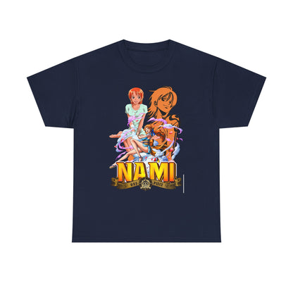 Chic men’s t-shirt adorned with stunning Nami anime artwork from One Piece, elegantly crafted in a deep navy color, ideal for making a bold fashion statement.