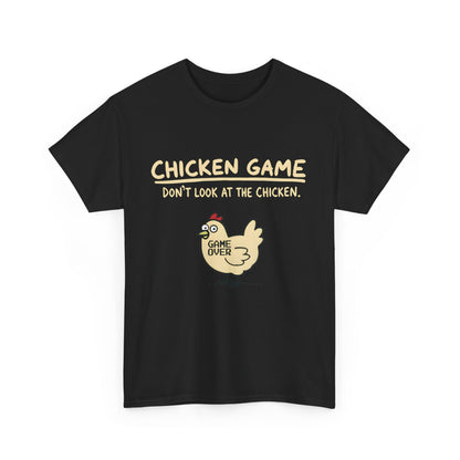 Close-up of Urban Chicken Game Graphic T-Shirt in black, featuring quirky chicken graphic and accompanying text ‘CHICKEN GAME, DON’T LOOK AT THE CHICKEN.’ Ideal for expressing creativity in luxurious 100% cotton.