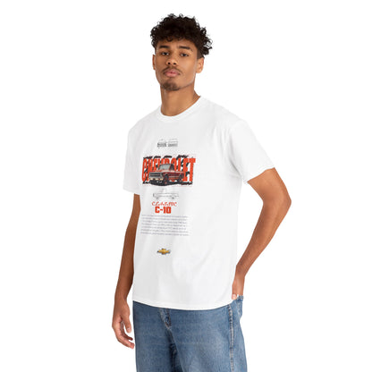 Elegant man modelling a classic Chevrolet C-10 graphic shirt, showcasing a vintage truck design on a crisp white background, perfect for car enthusiasts and stylish casual wear.
