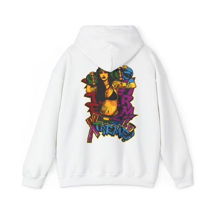 Luxury streetwear hoodie featuring a vibrant skateboarder graphic on a white background, showcasing dynamic urban art and a confident female figure.