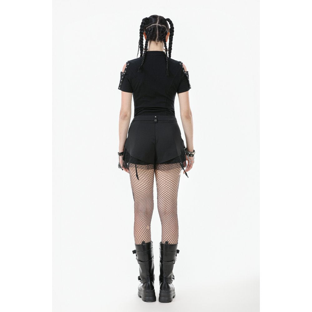 Stylish Dark In Love Lace-Up Layered Goth Convertible Trousers and Shorts in Black, showcasing the high-waisted design with faux fishnet detailing.