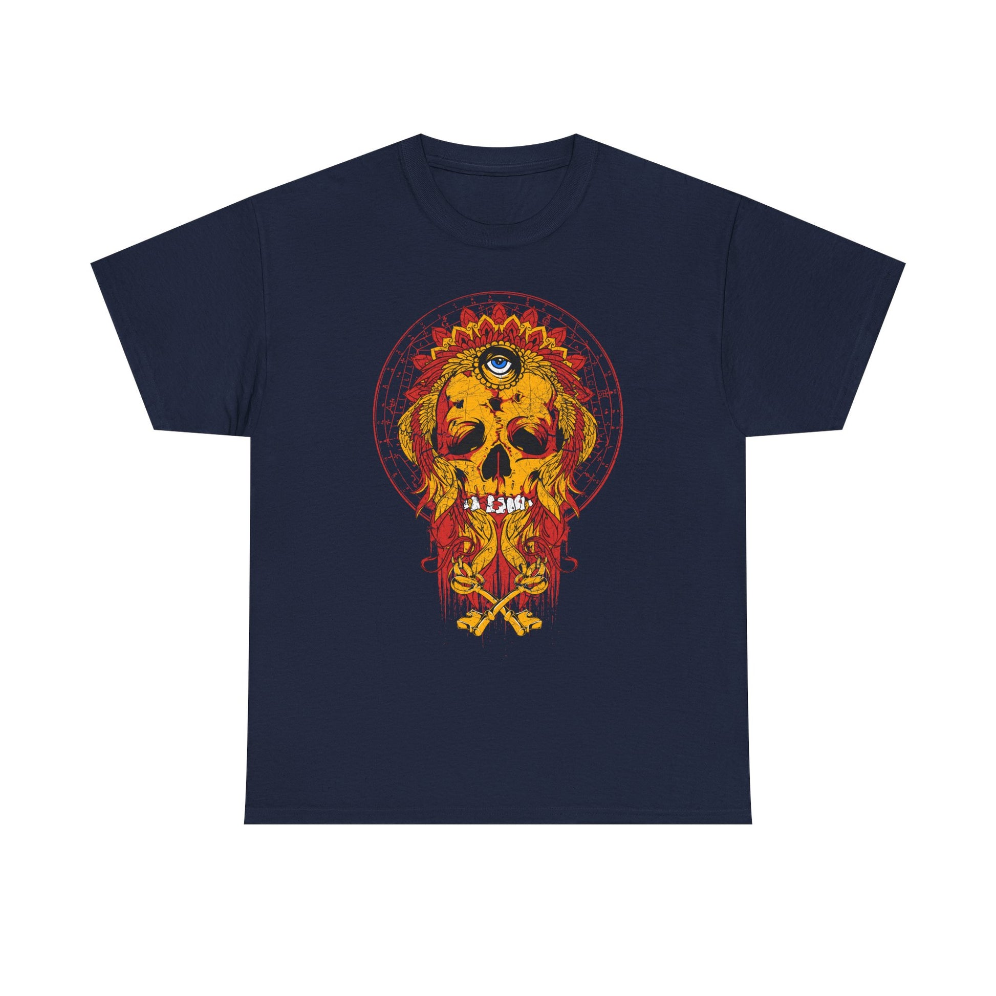 Sophisticated navy Skull Graphic Tee highlighted by a majestic headdress and fiery accents, displaying a unique blend of art and attitude for a luxe casual style.