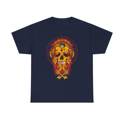 Elegant navy skull graphic tee showcasing a striking crown headdress and detailed artwork, embodying edgy style with rich colours, ideal for fashion-forward individuals.