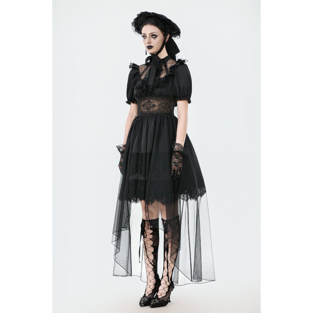 High-low mesh skirt of the Dark in Love Ebon Rose dress showcasing flowing layers and lace accents.