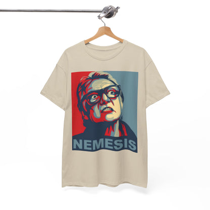 Snatch Brick Top Nemesis graphic t-shirt elegantly displayed on a stylish hanger, showcasing a unique design that combines high fashion with a touch of urban edge, suitable for distinct style enthusiasts.