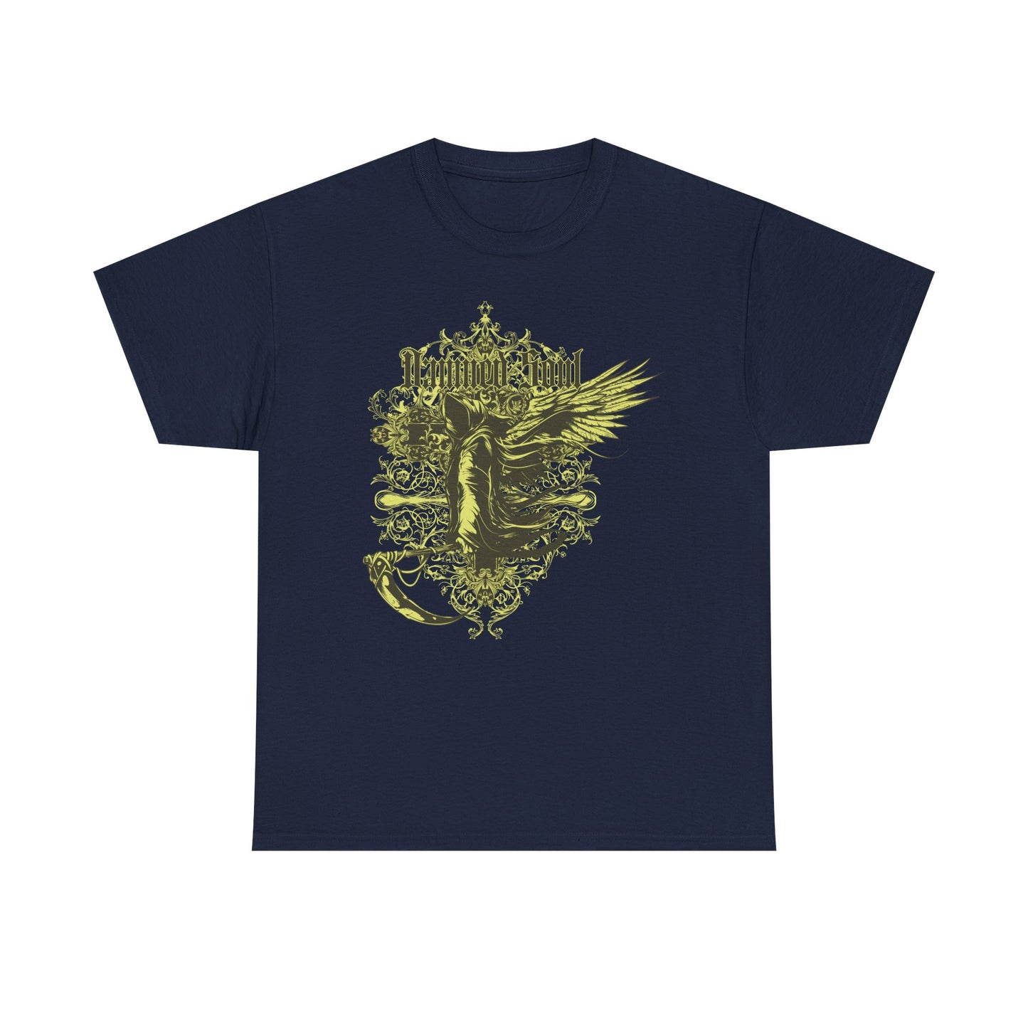Men's navy t-shirt featuring an ornate Grim Reaper design with the phrase 'Damned Soul', embodying a luxurious gothic vibe with dark artistic flair.