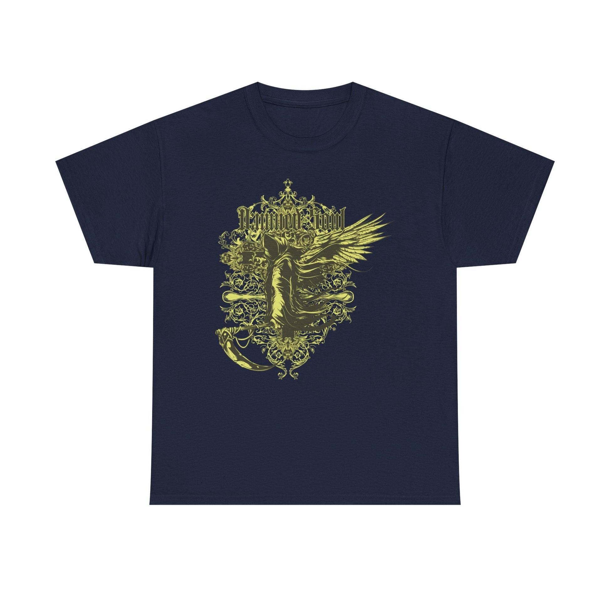 Men's navy t-shirt featuring an ornate Grim Reaper design with the phrase 'Damned Soul', embodying a luxurious gothic vibe with dark artistic flair.