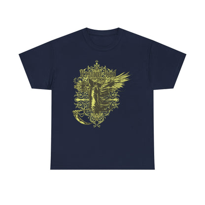 Men's navy t-shirt featuring an ornate Grim Reaper design with the phrase 'Damned Soul', embodying a luxurious gothic vibe with dark artistic flair.