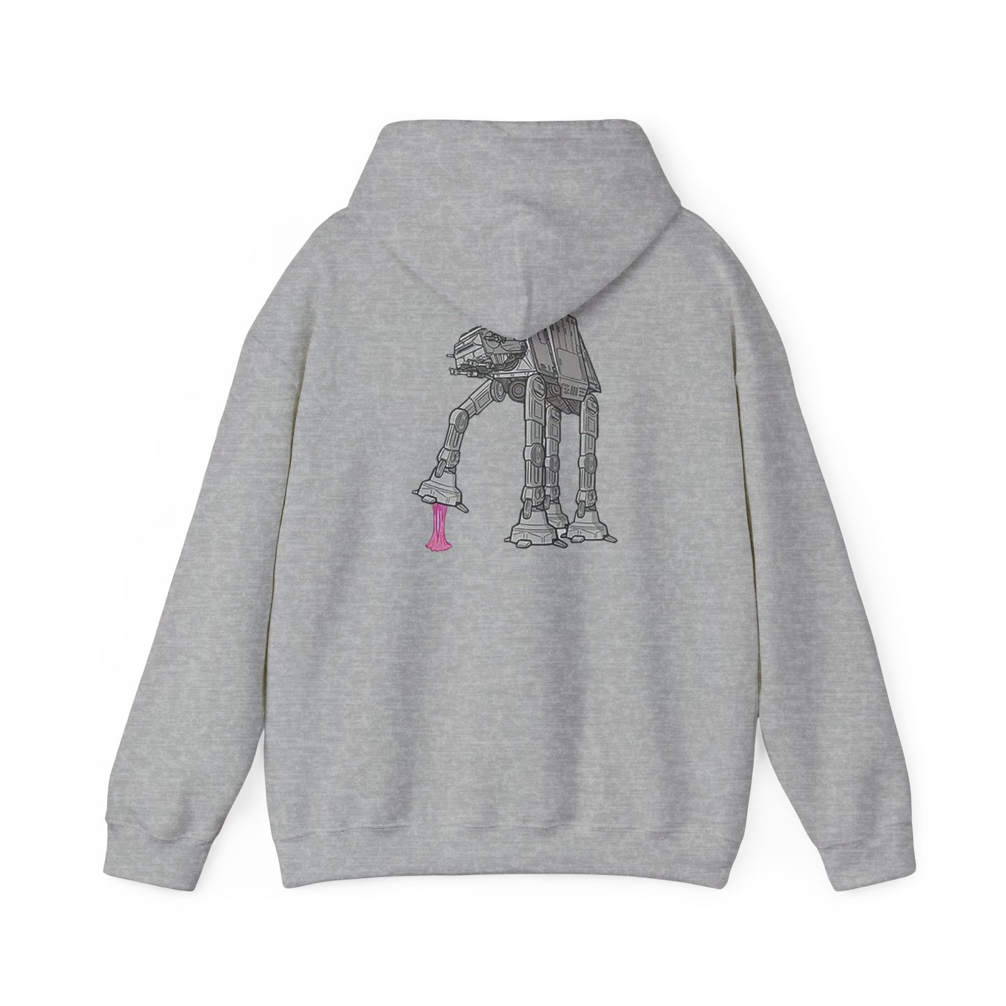 Back view of a stylish grey hoodie adorned with an artistic illustration of an AT-AT from Star Wars, featuring playful pink gum details.