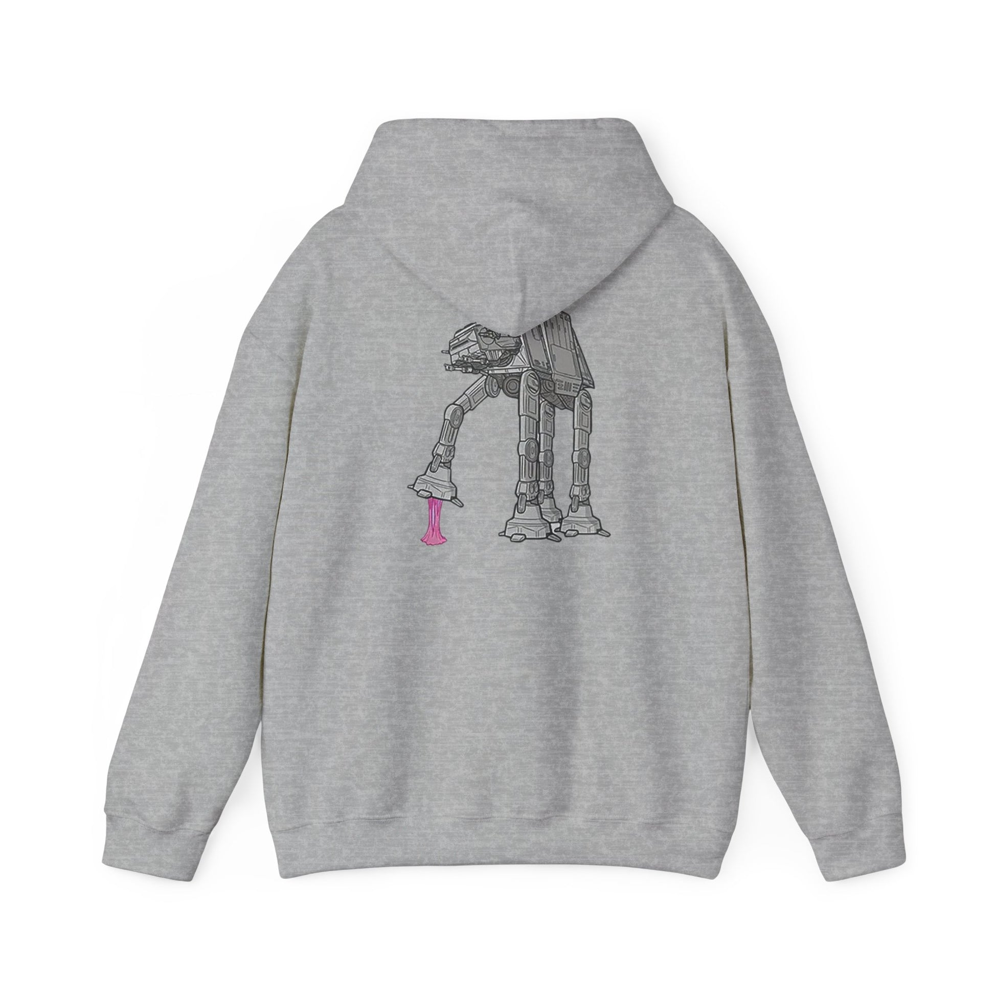 Back view of a stylish grey hoodie adorned with an artistic illustration of an AT-AT from Star Wars, featuring playful pink gum details.