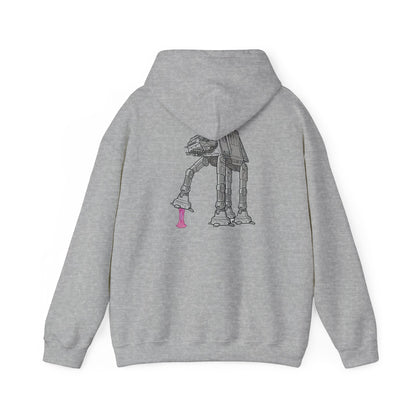 Back view of a stylish grey hoodie adorned with an artistic illustration of an AT-AT from Star Wars, featuring playful pink gum details.