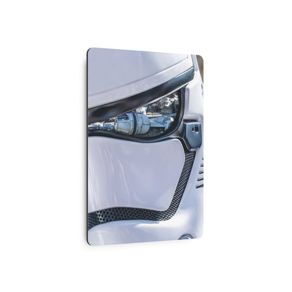 Side view of the Stormtrooper helmet captured in the Stormtrooper Metal Art Poster – Iconic Star Wars Design, Indoor Décor, High-Quality Aluminium Finish, presenting a luxurious aesthetic for fans.