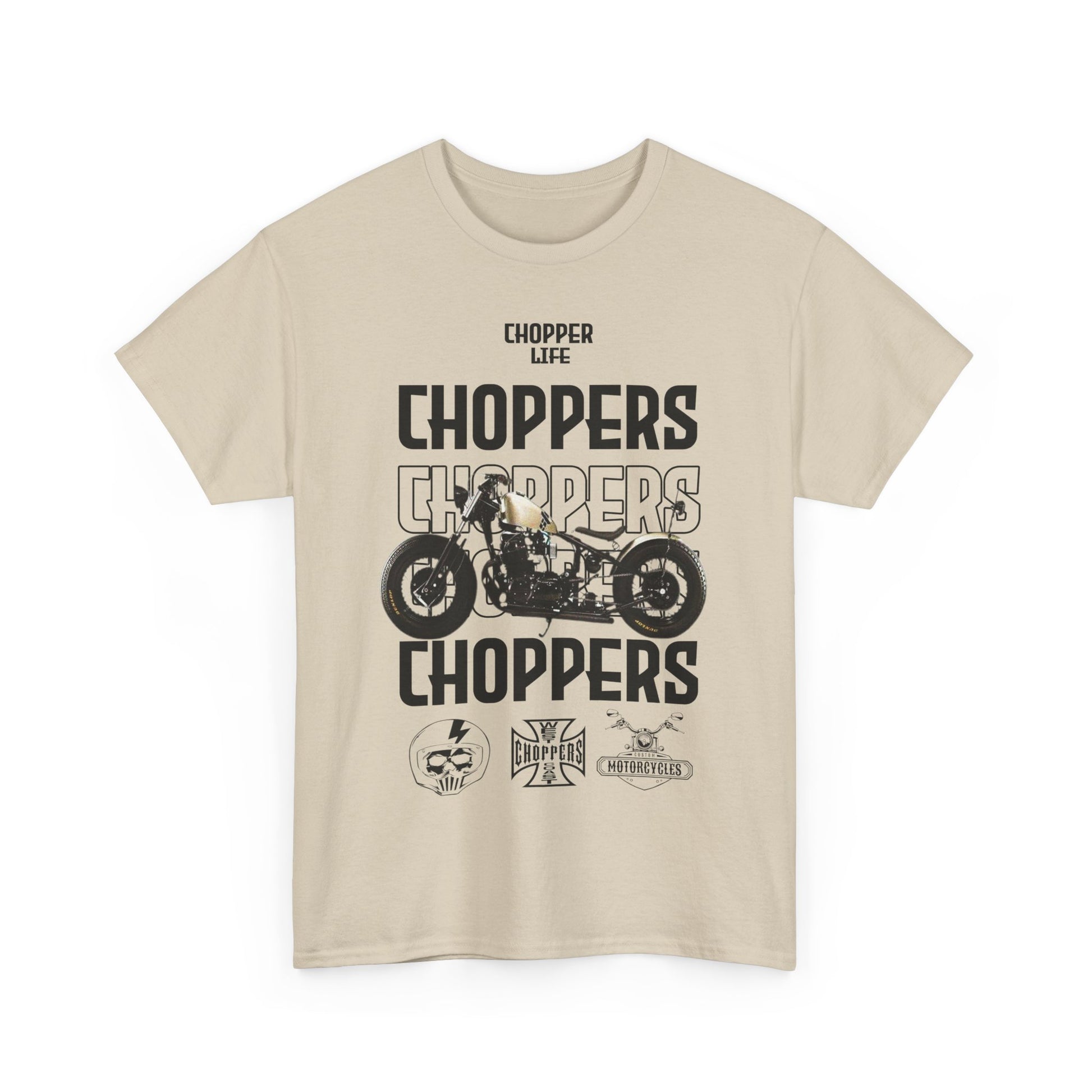 Front view of an exquisite beige men's T-shirt adorned with a bold 'CHOPPERS' graphic, featuring a chopper motorcycle and stylised text for a striking visual impact.