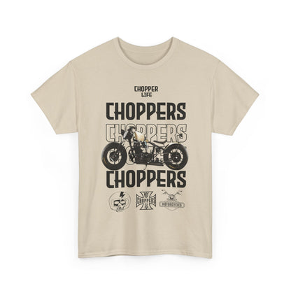 Front view of an exquisite beige men's T-shirt adorned with a bold 'CHOPPERS' graphic, featuring a chopper motorcycle and stylised text for a striking visual impact.