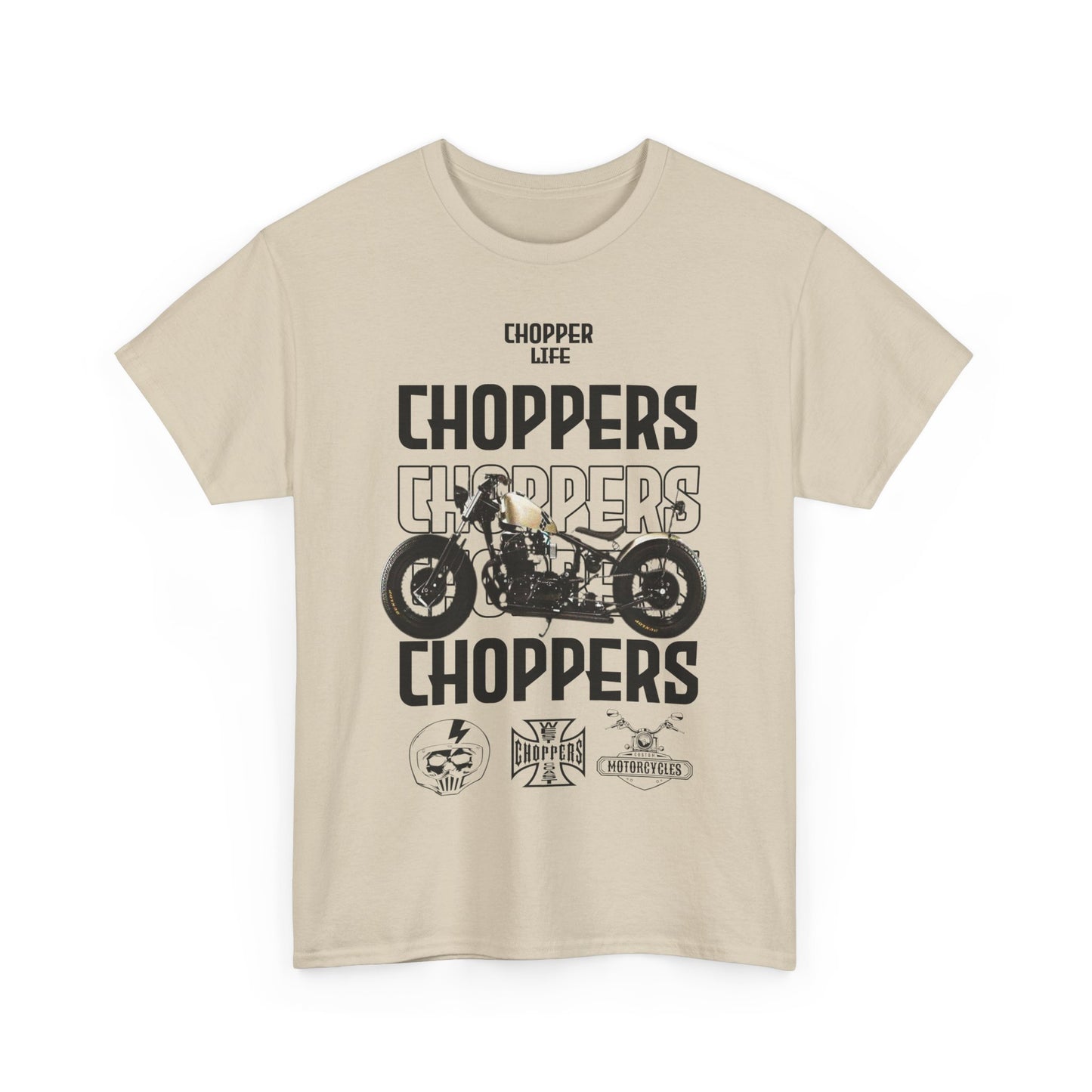 Front view of a premium beige graphic t-shirt featuring 'CHOPPERS' typography and motorcycle imagery, showcasing biker culture.