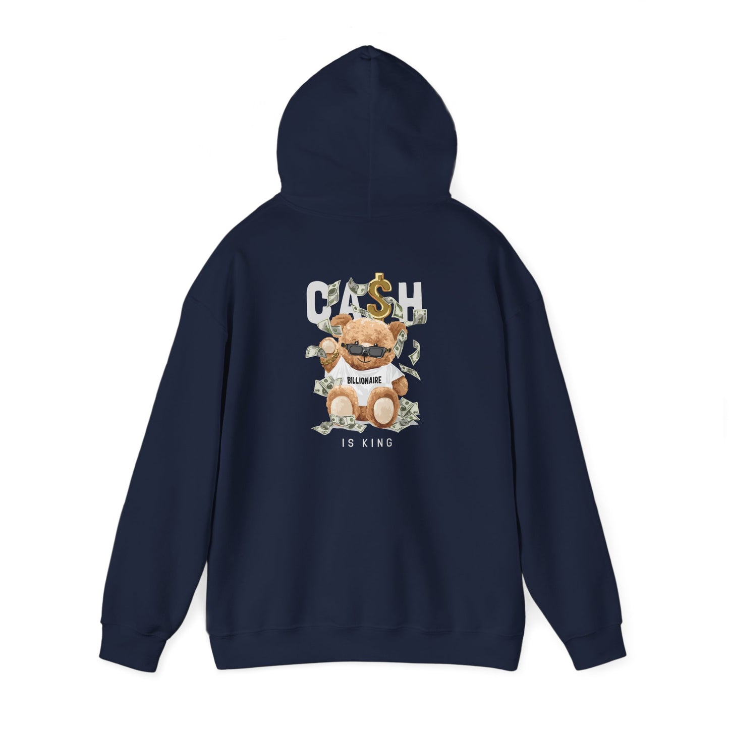 Elegant navy hoodie showcasing a cool teddy bear graphic with dollar bills and the phrase 'CASH BILLIONAIRE IS KING,' exuding a whimsical luxury aesthetic.