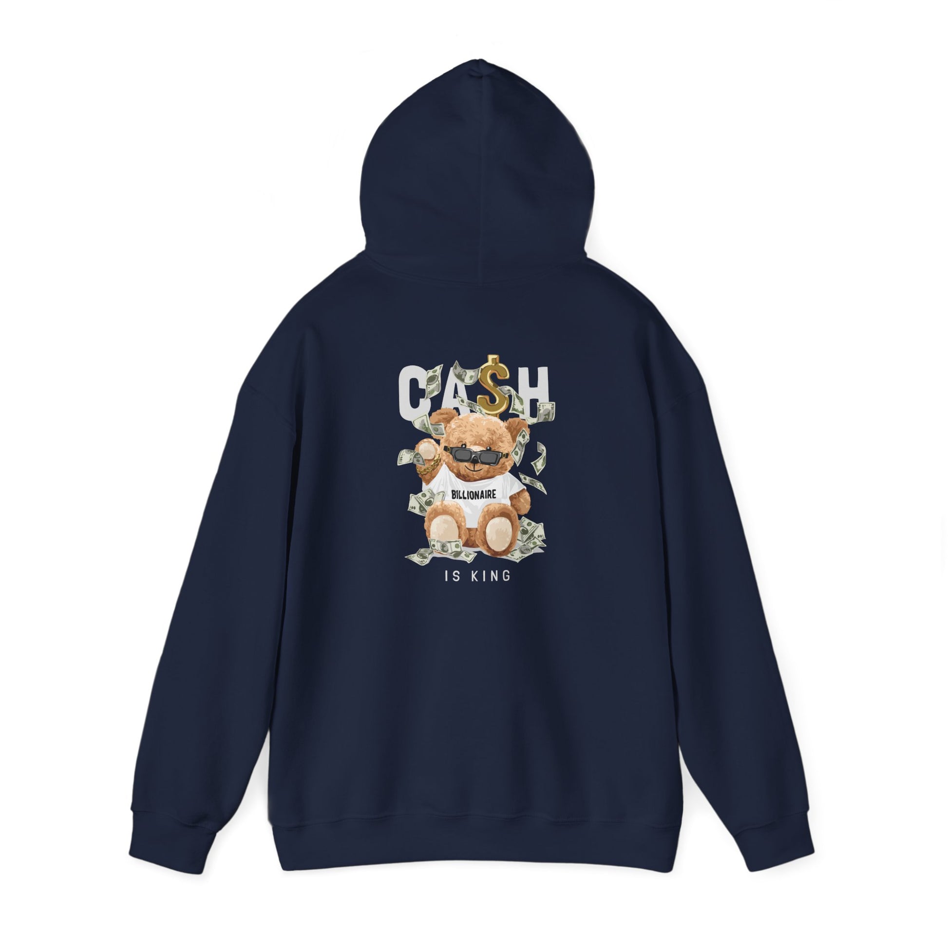 Elegant navy hoodie showcasing a cool teddy bear graphic with dollar bills and the phrase 'CASH BILLIONAIRE IS KING,' exuding a whimsical luxury aesthetic.
