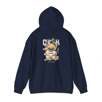 Elegant navy hoodie showcasing a cool teddy bear graphic with dollar bills and the phrase 'CASH BILLIONAIRE IS KING,' exuding a whimsical luxury aesthetic.