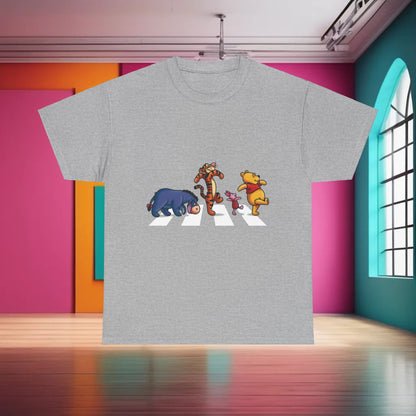 Elegant Pooh and Friends Abbey Road Graphic T-Shirt in grey featuring beloved Disney characters on a fashionable streetwear piece.