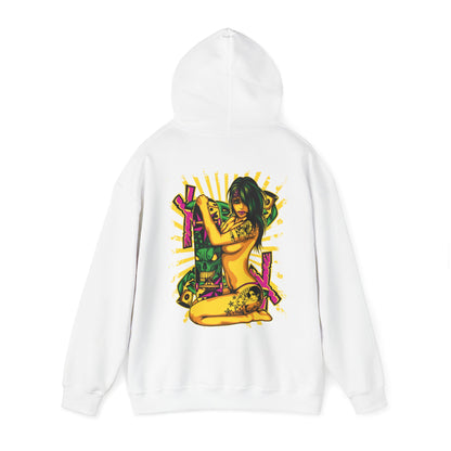 Sophisticated white hoodie adorned with a captivating pop art illustration, featuring a chic figure and skateboard, blending comfort and style.