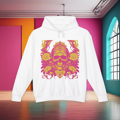 Unisex Lightweight Hooded Sweatshirt featuring a luxurious designer skull and roses graphic, perfect for chic and edgy street style.