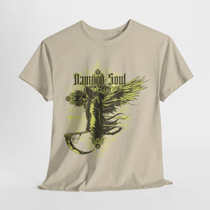 Elegant beige t-shirt with a captivating illustration of the Grim Reaper, showcasing dynamic wings and floral accents beneath the text 'Damned Soul'.
