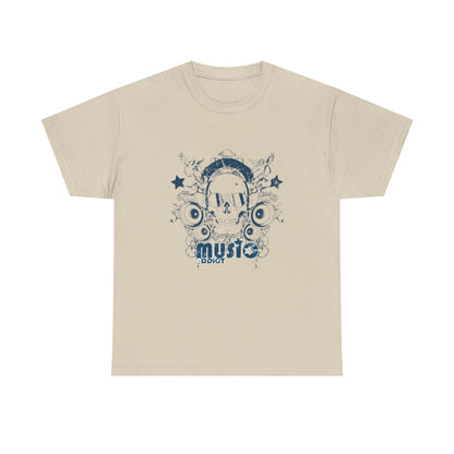 Beige Music Addict Skull T-Shirt featuring a vintage grunge design with a detailed skull wearing oversized headphones, surrounded by intricate musical motifs and star accents.