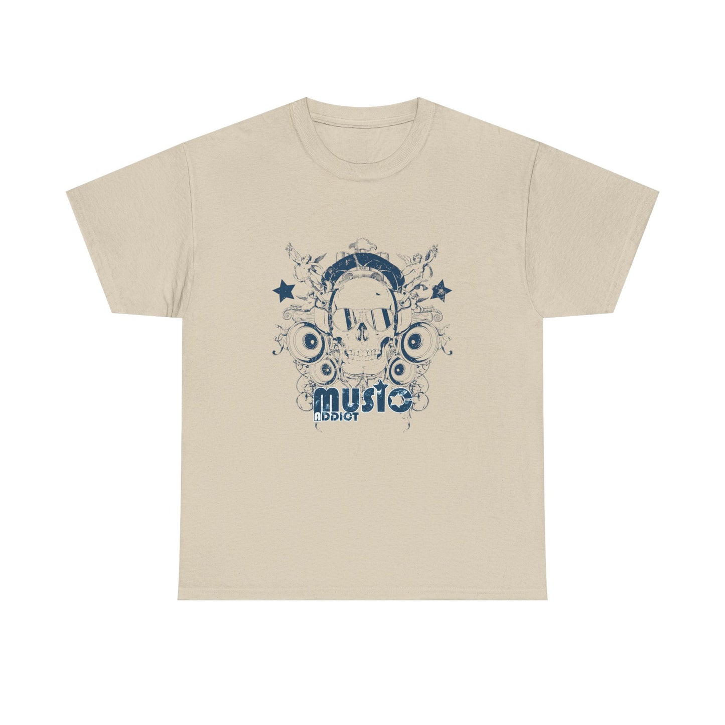 Chic Music Addict Skull T-Shirt in cream colour, adorned with an artistic skull design featuring headphones and musical elements, ideal for adding flair to casual wear.