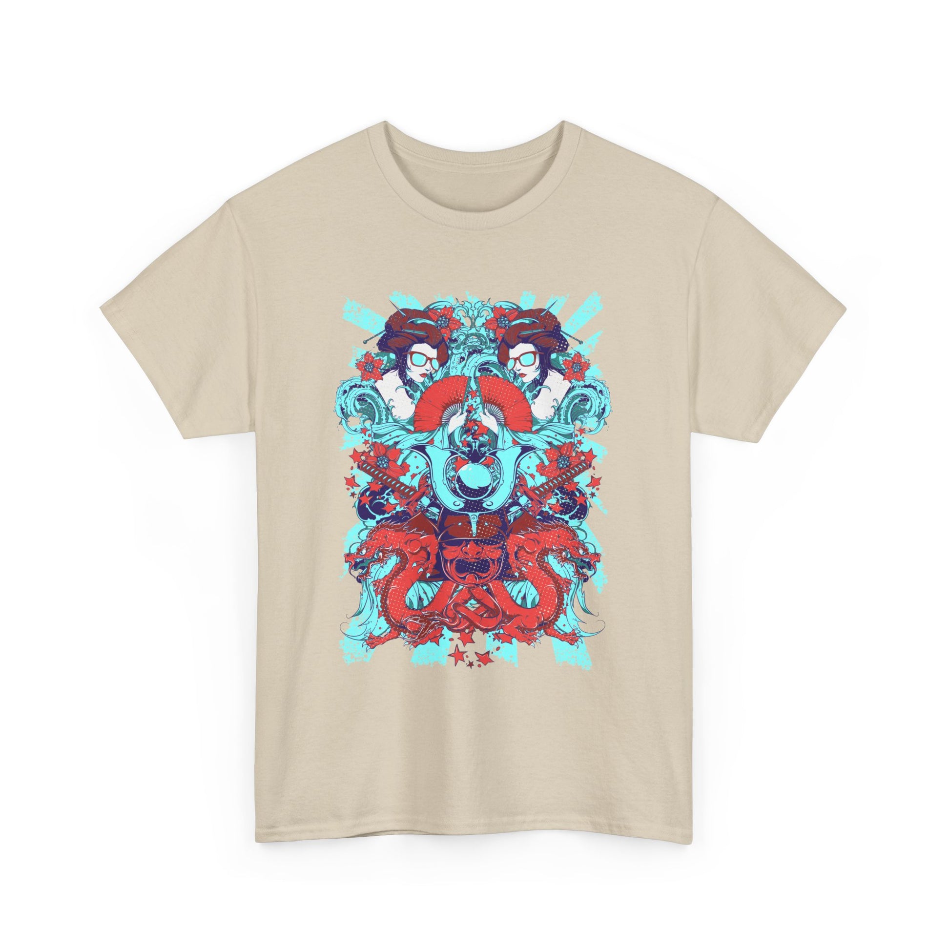 Chic beige men's t-shirt adorned with an eye-catching samurai kabuto graphic featuring geishas and dragons, blending traditional and contemporary artistry.