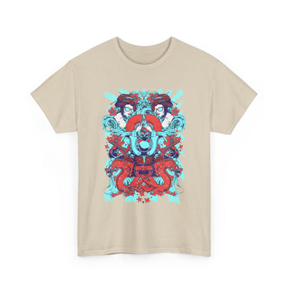 Chic beige men's t-shirt adorned with an eye-catching samurai kabuto graphic featuring geishas and dragons, blending traditional and contemporary artistry.