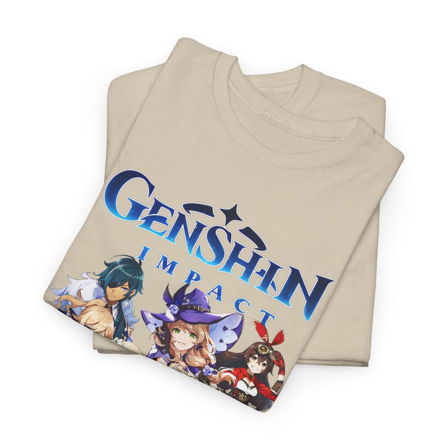 A folded Genshin Impact T-Shirt, highlighting its premium fabric and artistic design, ideal for showcasing your passion for fantasy gaming in a sophisticated manner.