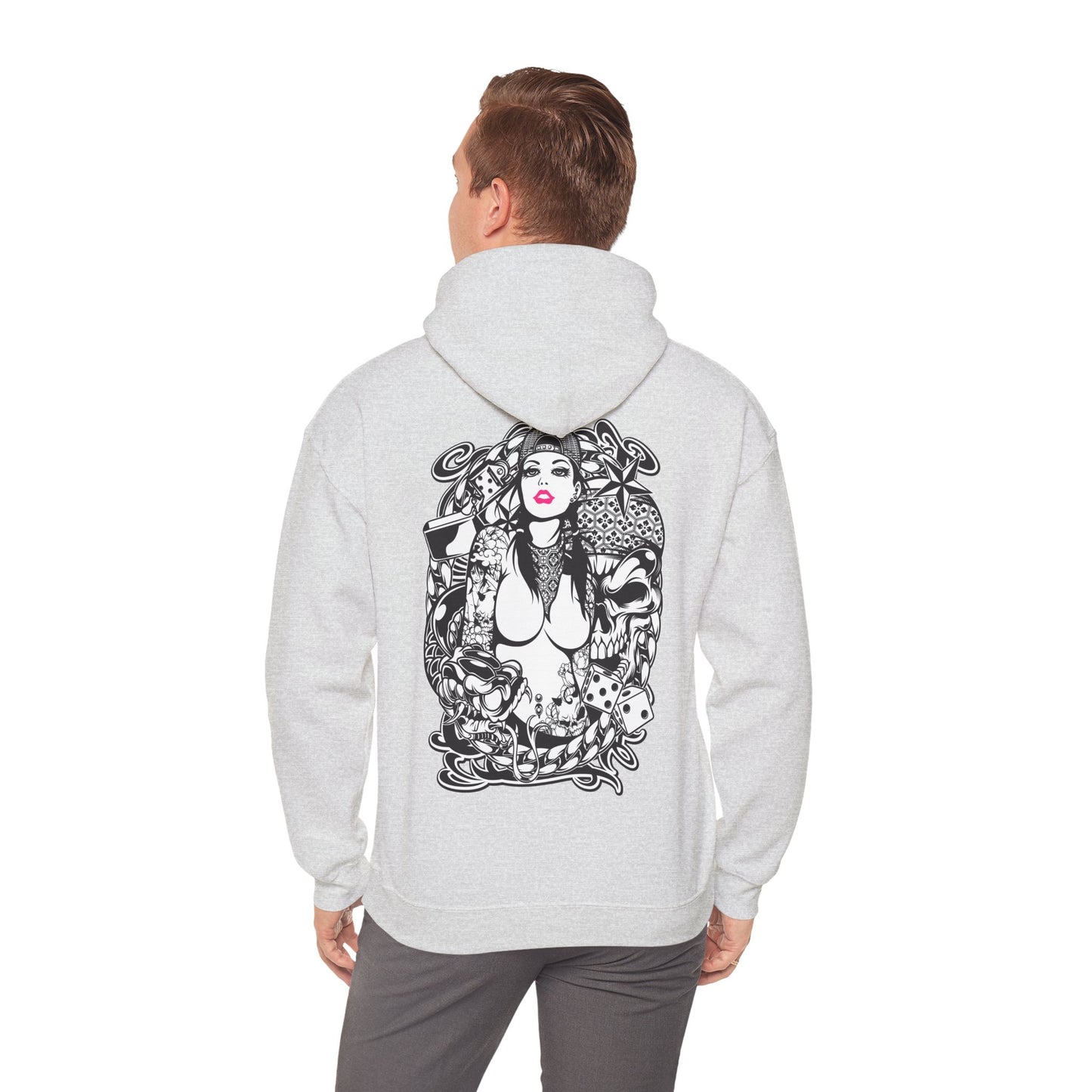 Luxury grey hoodie featuring a striking back print of a confident woman adorned with bold tattoo elements, floral designs, and symbolic details like dice and koi fish.