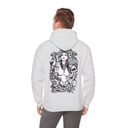 Luxury grey hoodie featuring a striking back print of a confident woman adorned with bold tattoo elements, floral designs, and symbolic details like dice and koi fish.