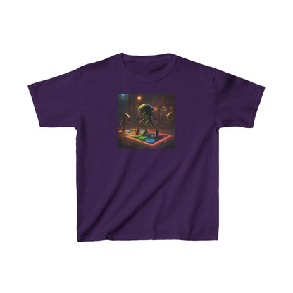 Kids Heavy Cotton Tee with Cute Aliens in deep purple, adorned with delightful alien illustrations, perfect for stylish young trendsetters.